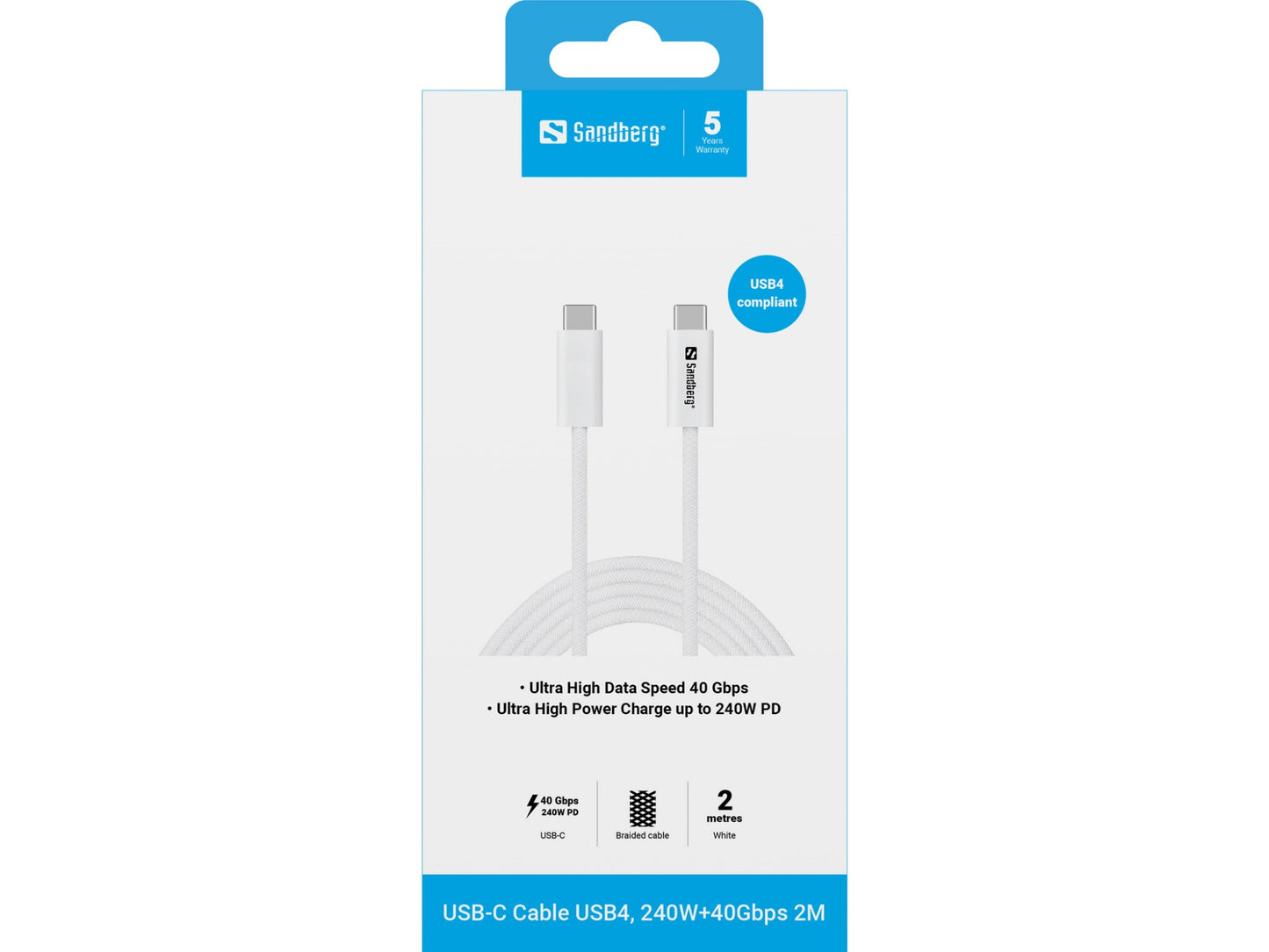 Sandberg USB-CC USB4 240W+40Gbps, 2M Cable