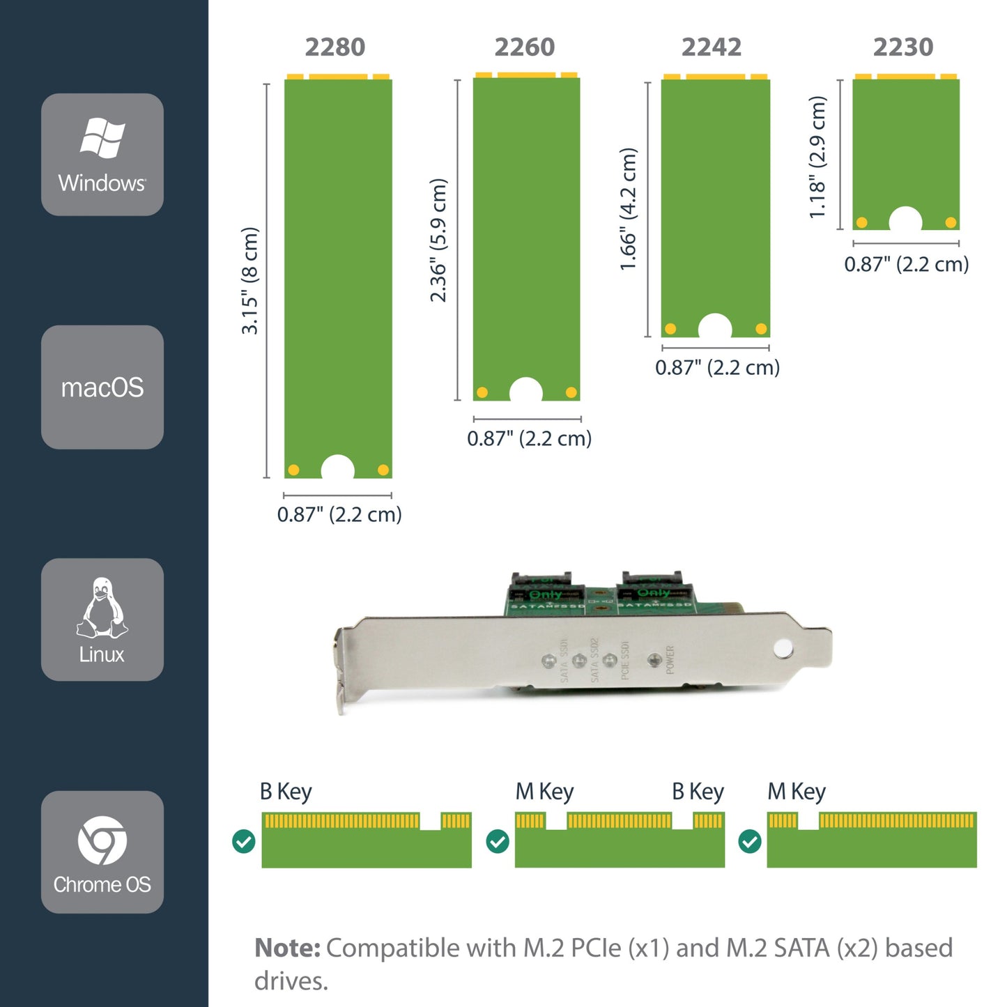 StarTech.com 3-Port M.2 SSD (NGFF) Adapter Card - 1 x PCIe (NVMe) M.2, 2 x SATA III Hub