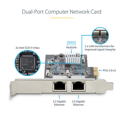 StarTech.com 2-Port 2.5Gbps NBASE-T PCIe Network Card, Intel I225-V, Dual-Port Network Adapter