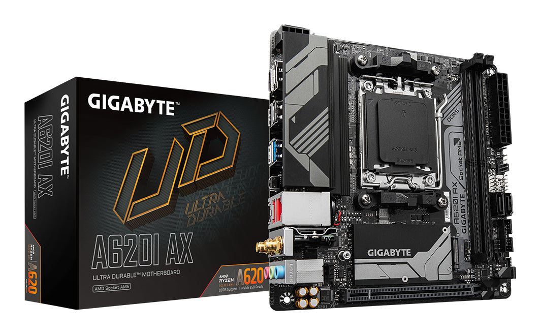 Gigabyte A620I AX Motherboard - Supports AMD Ryzen 8000 CPUs, 5+2+1 Phases Digital