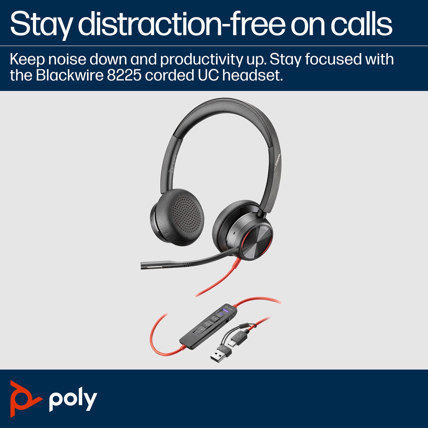 HP Poly Blackwire 8225 Stereo Microsoft Teams Certified USB-C Headset +USB-C/A