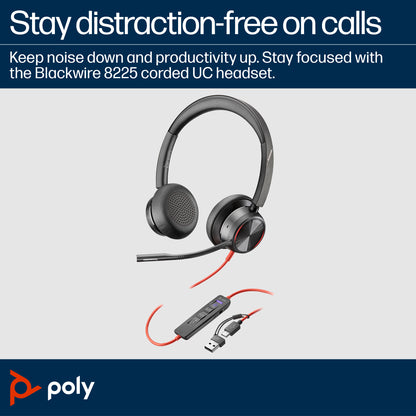 HP Poly Blackwire 8225 Stereo Microsoft Teams Certified USB-C Headset +USB-C/A