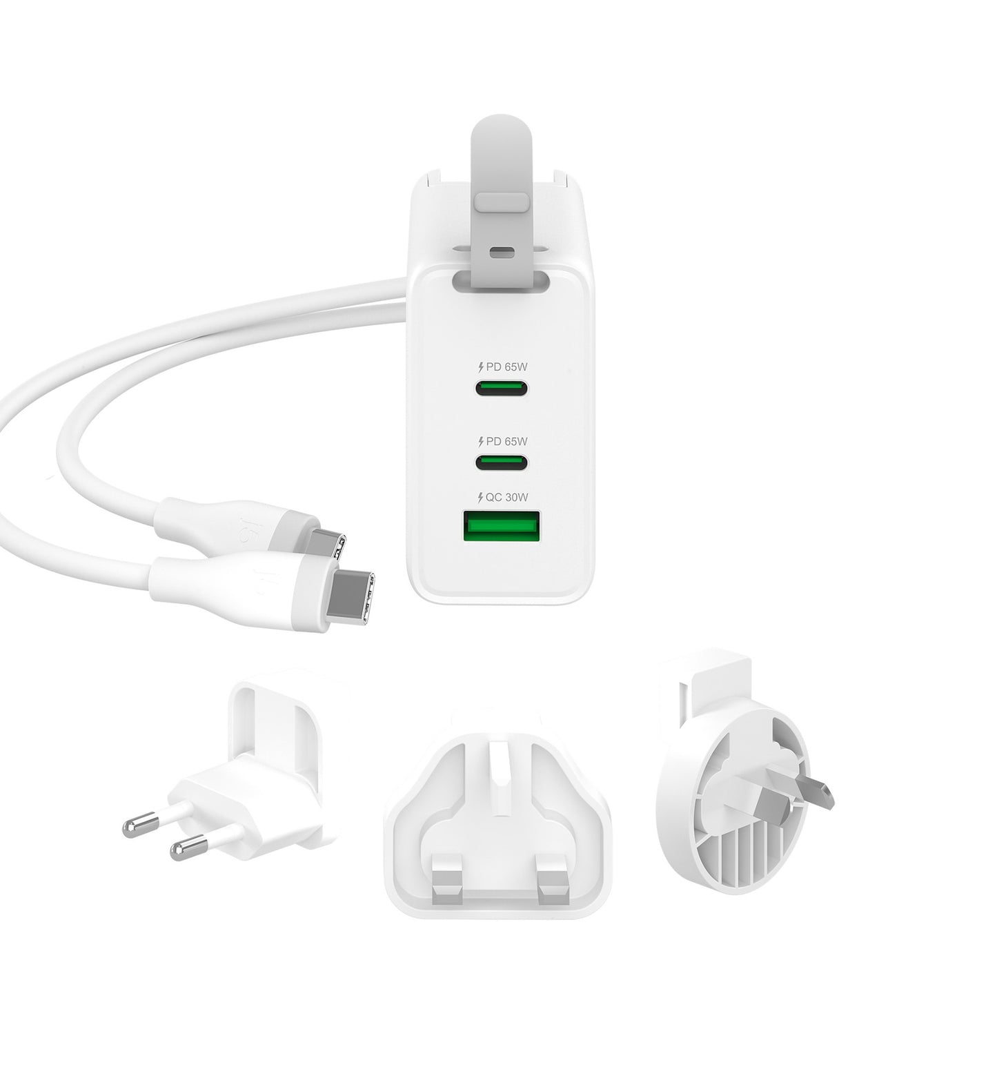 j5create 65W GaN USB-C 3-Port Traveler Charger with changeable AC plugs and USB-C