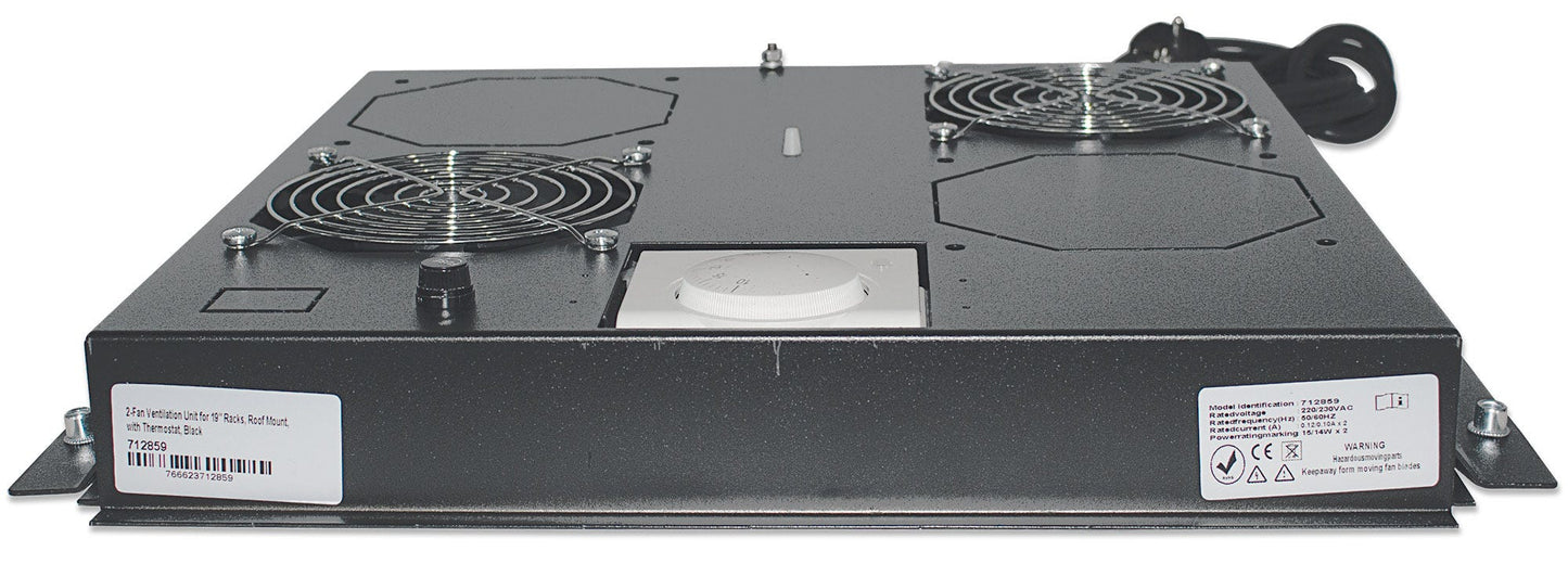 Intellinet 2-Fan Ventilation Unit for 19" Racks, Roof Mount, with Thermostat, Black