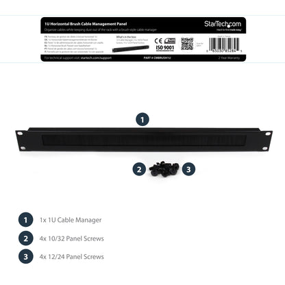 StarTech.com 1U High-density Brush Strip Cable Management Panel, Sturdy Steel Rack