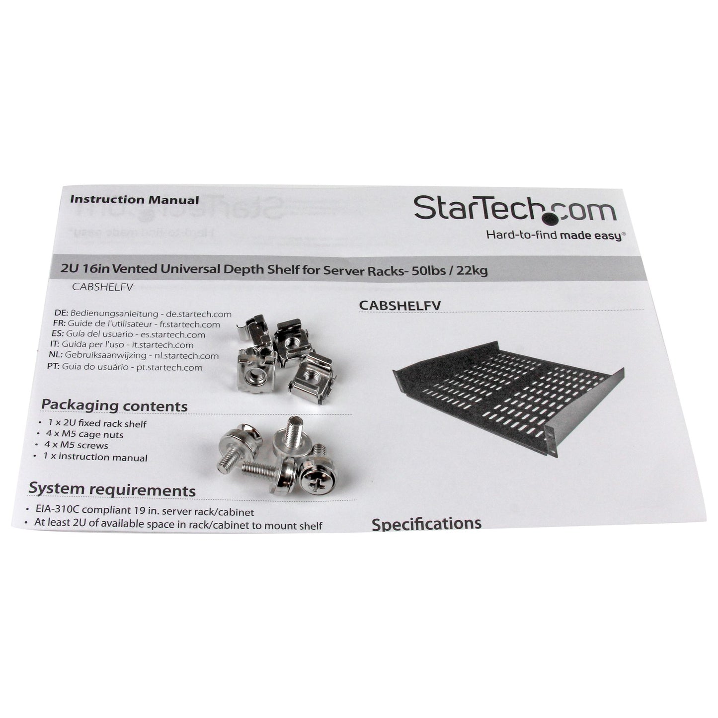 StarTech.com 2U Server Rack Shelf - Universal Vented Rack Mount Cantilever Tray for (BSHELFV)