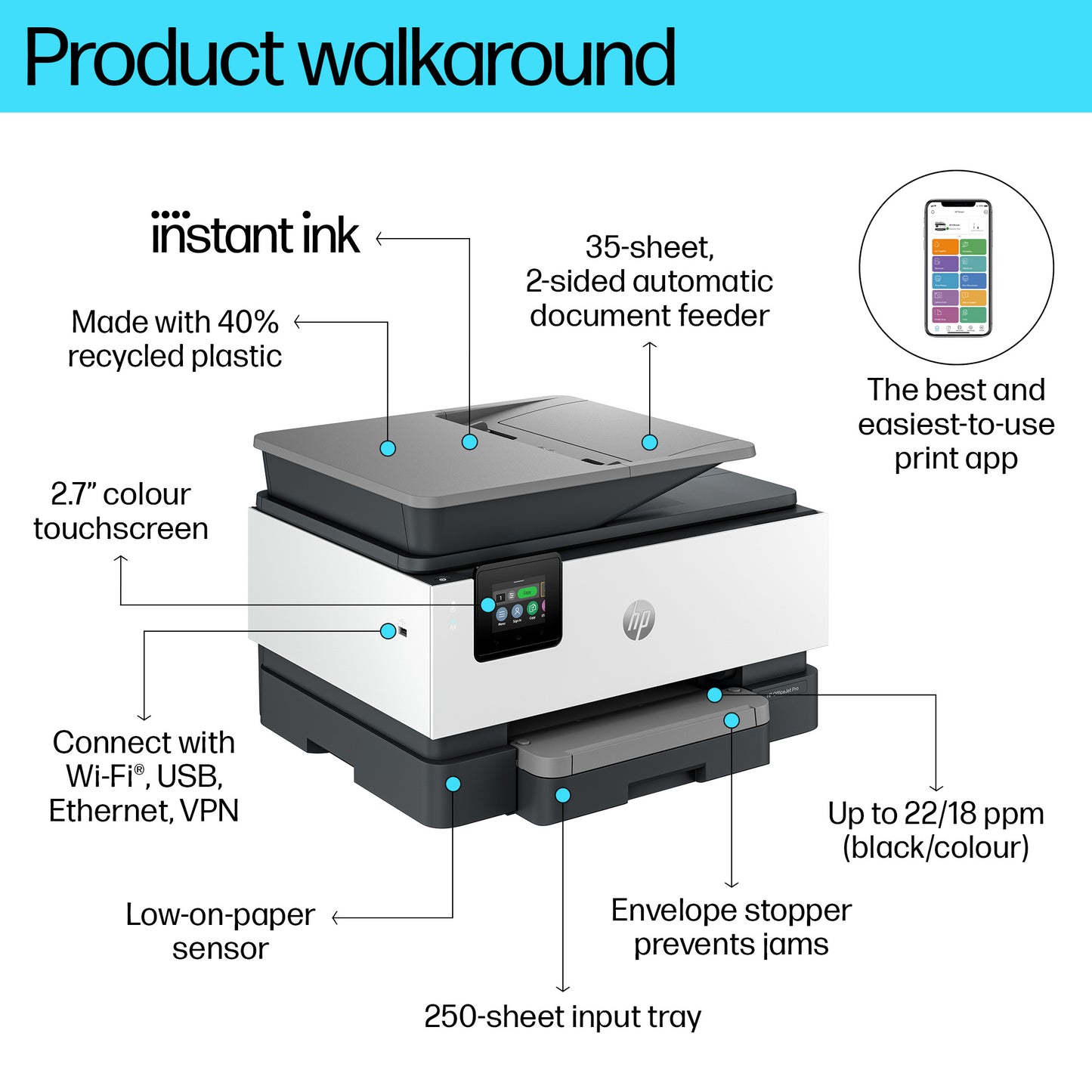 HP OfficeJet Pro 9120e Wireless All-in-One Color Printer, Instant Ink; Two-sided