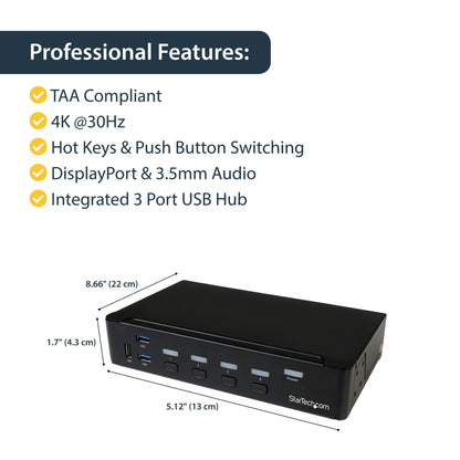 StarTech.com 4-Port DisplayPort KVM Switch - USB 3.0 - 4K 30Hz - TAA