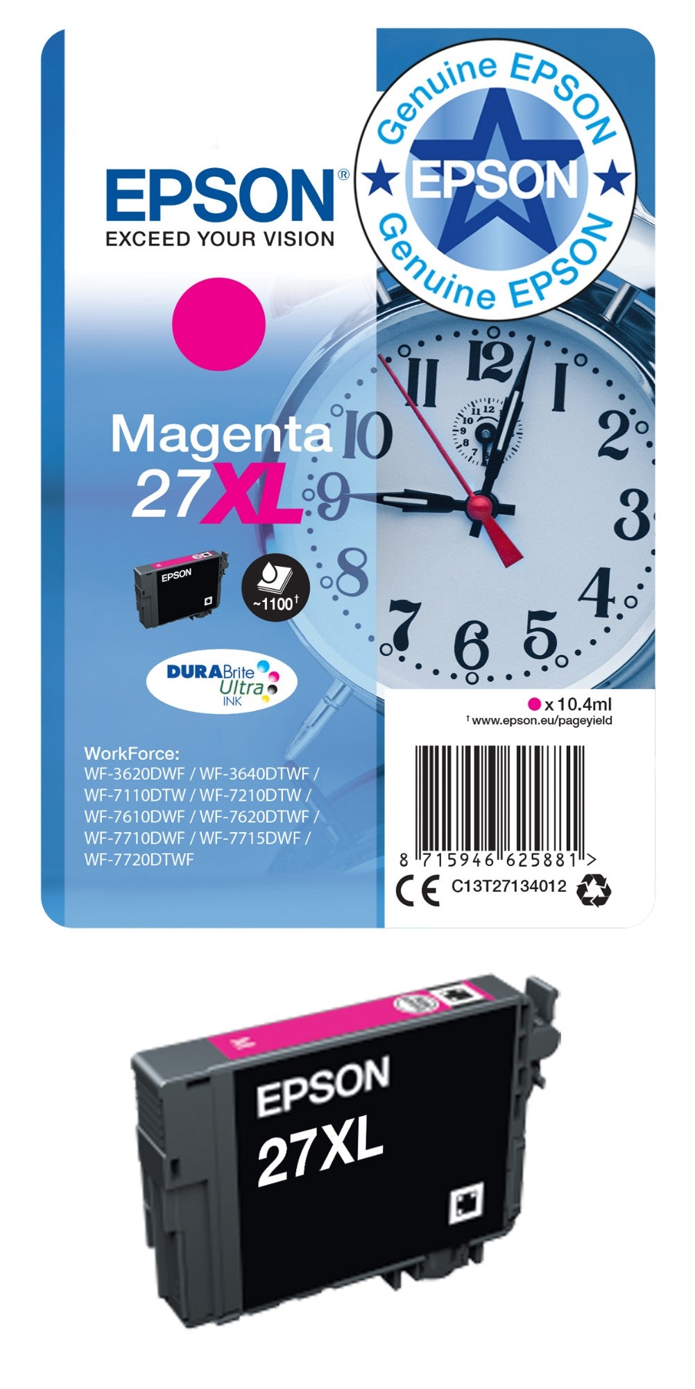 Epson C13T27124010/27XL Cyan Ink Cartridge (1.1K pages, Epson WF 3620)