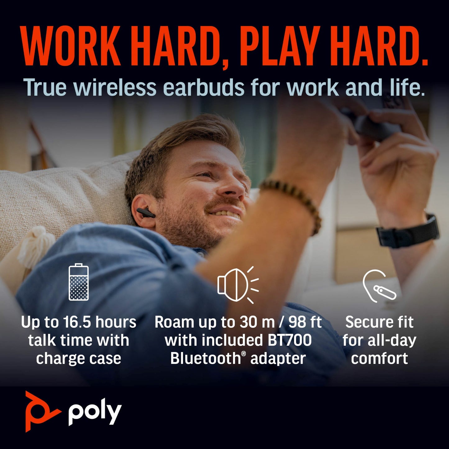 HP Poly Voyager Free 60+M UC Carbon Black Earbuds +BT700 USB-C Adapter +Touchscreen Headset