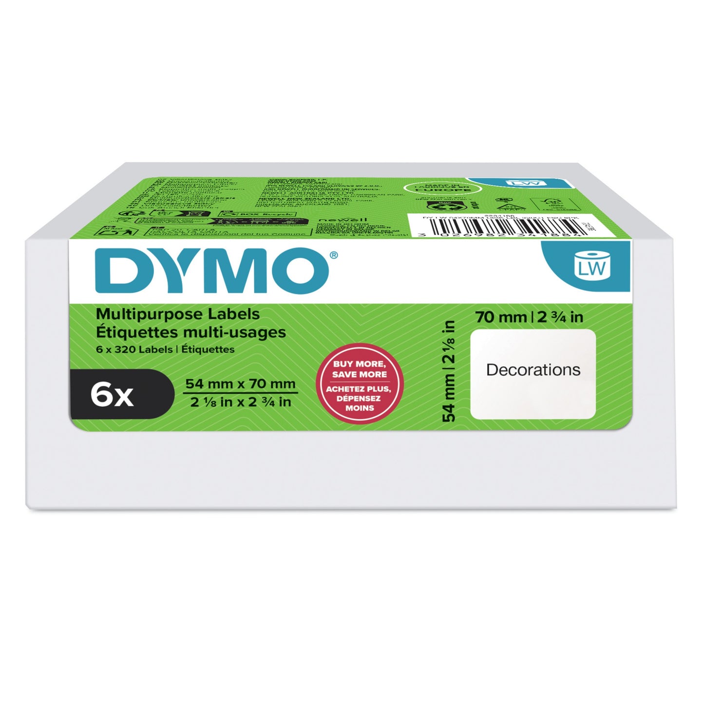 DYMO Authentic LabelWriter Multi-Purpose Labels | 54 mm x 70 mm | Self Adhesive | 6
