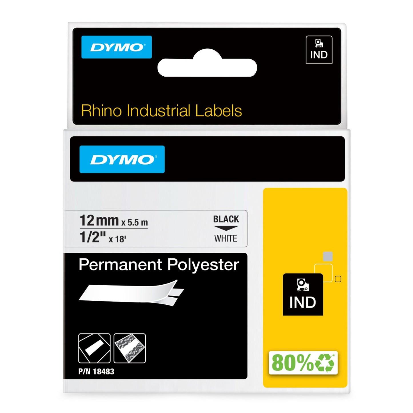 DYMO Rhino Industrial Permanent Polyester Labels | 12 mm x 5.5 m | Black Print on