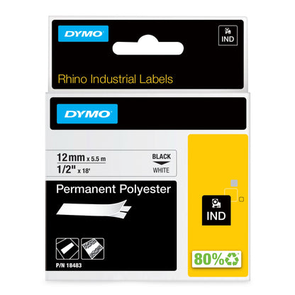 DYMO Rhino Industrial Permanent Polyester Labels | 12 mm x 5.5 m | Black Print on